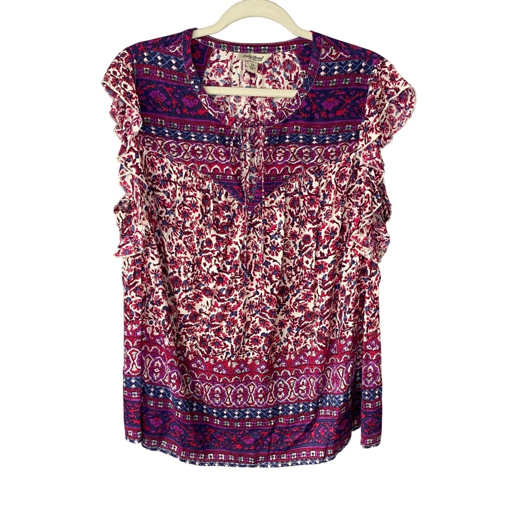 Lucky Brand Womens 2X Purple Floral Flutter Sleeve Tie Neck Boho Blouse
